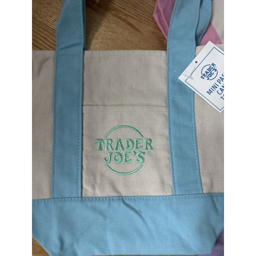 Trader Joe's Mini Pastel Canvas Tote Bag Set Of 4 Pink Blue Green Purple New - Picture 4 of 6